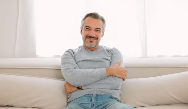 Portrait of Middle age grey-haired man wearing casual sweater clothes smiling with crossed arms and looking at the camera while sitting on sofa. Happy senior in casual feeling good. Lifestyle concept.