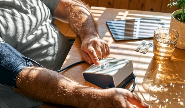 Middle aged man measuring his arterial blood pressure in the morning, using blood-pressure cuff to making check his health at home. Hypertension or hypotension issue concept.